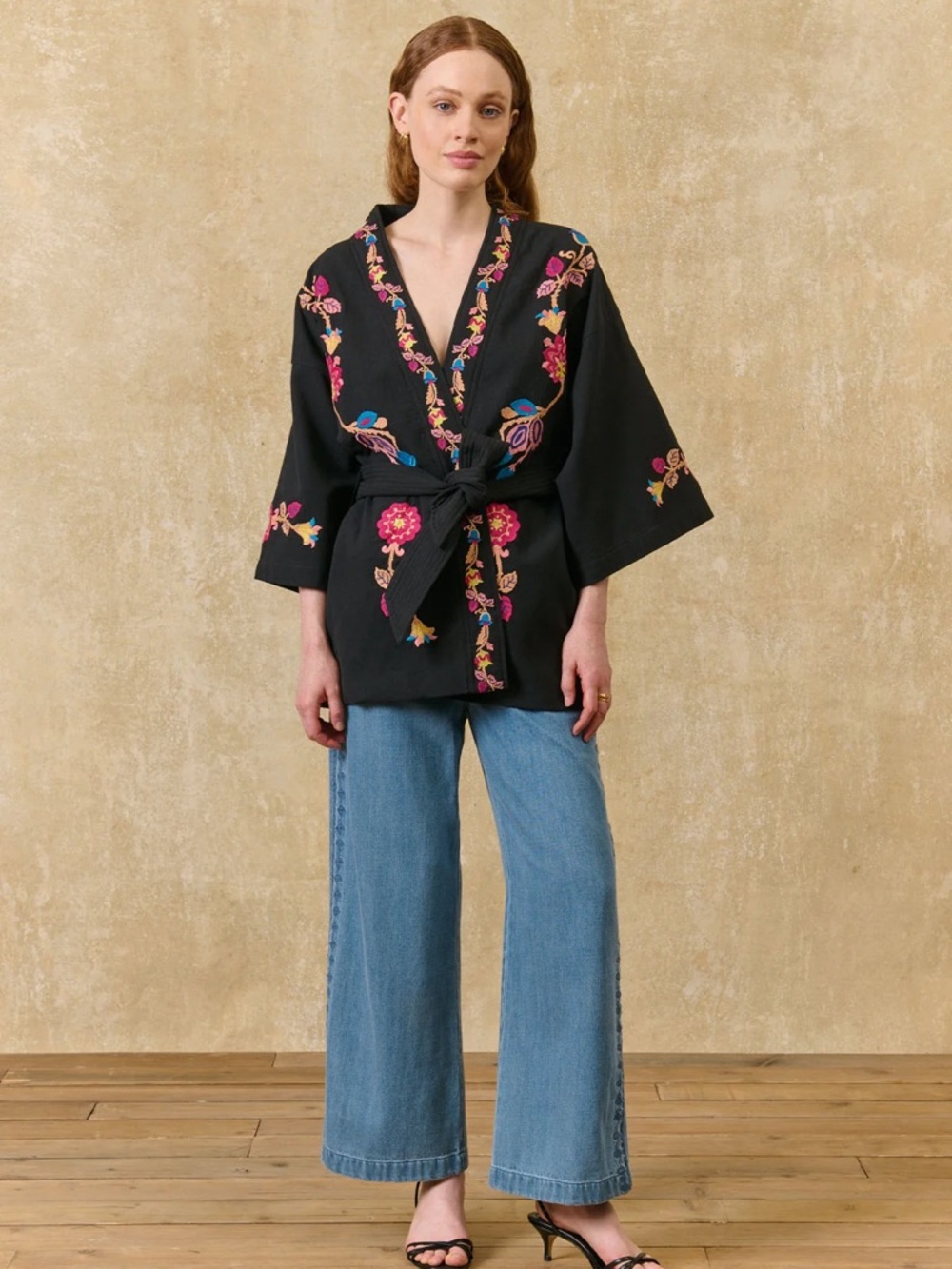 Black Embroidered Floral Kimono Jacket with Belt